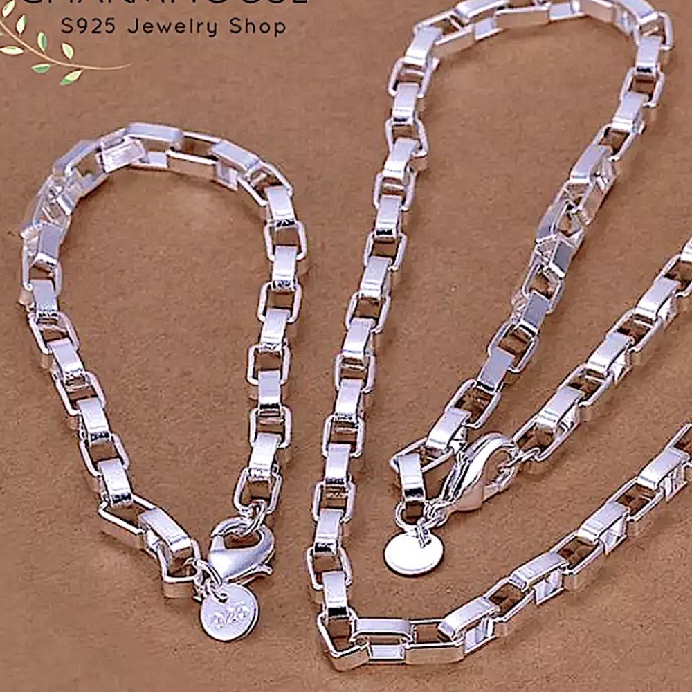 Sterling Silver Box Chain Link Unisex Necklace Matching Bracelet Set